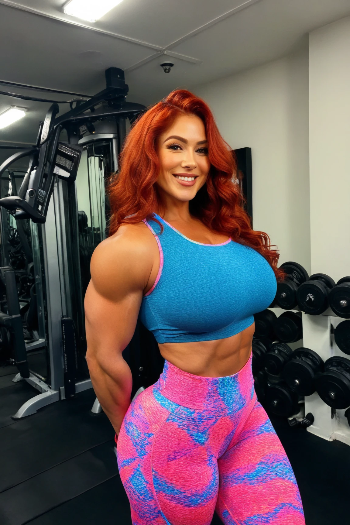 (Muscular:2), (thick muscular thighs, wide hips:2.1), (one ginger female, red hair:1.5), (arm band:1.6), ponytail, adult, eyeshadow, lipstick, bokeh, (freckles:0.9), (upper body view), (striations), (hard nipples:1.3), small breasts, (perky breasts:1.4), (colorful gym attire, tight booty shorts, cleavage:1.5), (sculped muscles:1.7), detailed eyes, active pose, (athletic body:1.5), (muscular body:2), (looking at viewer), (seductive smile:1.4), dark bedroom, (dawn lighting), rim lighting, two tone lighting, dimly lit, clean skin, low key (DETAILED SKIN), (one girl, solo:1.8)