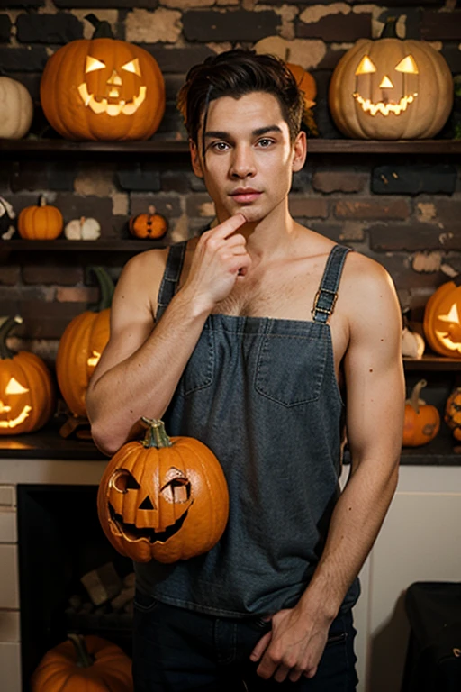 An award winning photography portrait of a halloween male, blood hair, naked, surreal decorated skin, masculine, pumpkins in the background, castle, full body in motion, defined body, full body, stunning realistic, mist, raw photograph, defined body,maximalism, octane render, unreal, 8k, depth of field, bokeh, black ink, 8k, hyperreal, 50mm, kodak portra 400, photograph by Martin Schoeller, Natural Light, natural skin, real skin texture