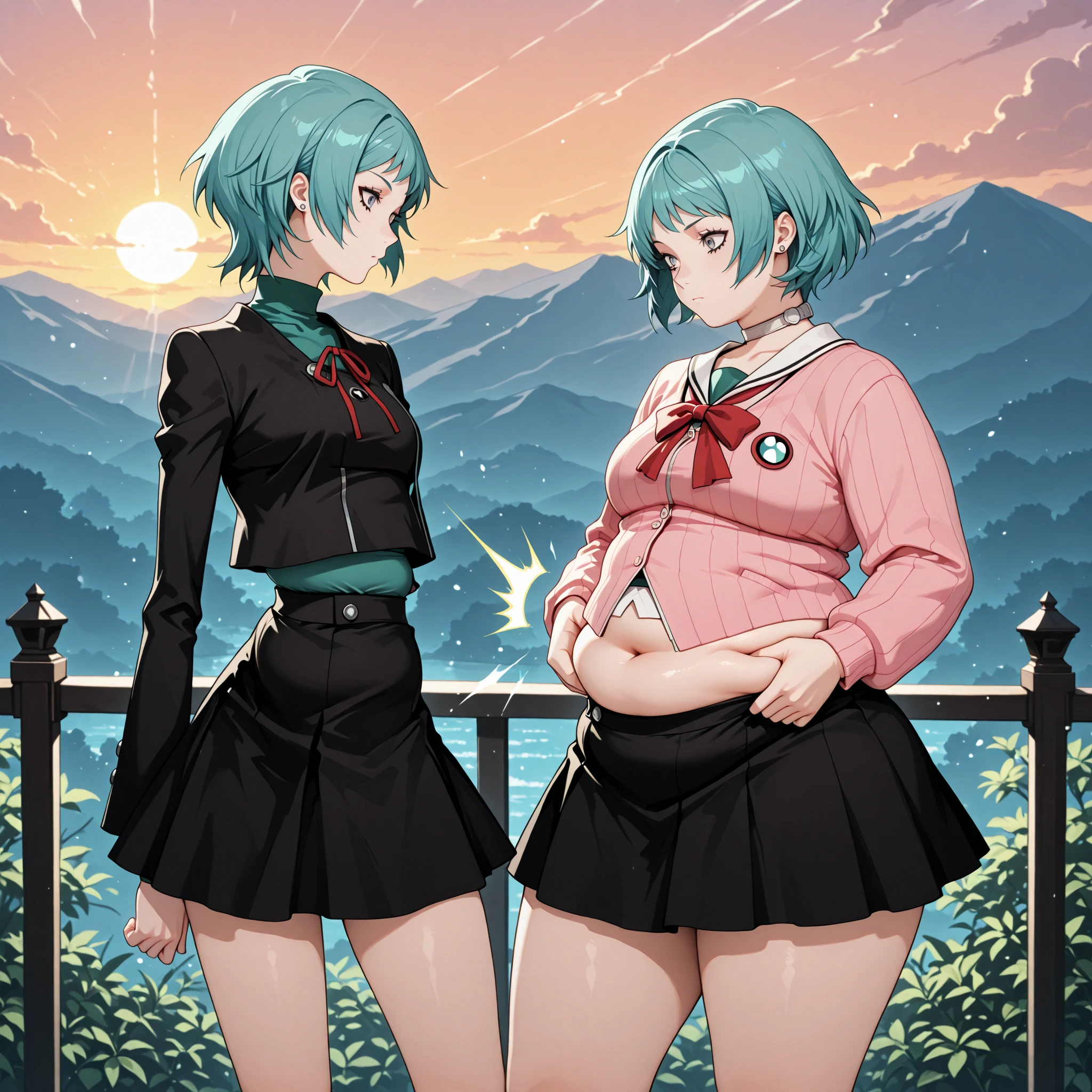 masterpiece,best quality,highres illustration,detailed face,weight difference,2girls,looking at another,plump,skinny,stocking midriff, sunset, (nice legs) yukaridef (midriff peek) , (weight conscious:1.3) (belly flash:1.2), gekkoukan high school uniform, pink cardigan, red bow, long sleeves, black skirt, earrings, white choker, fuukasummer, aqua hair, short hair, grey eyes, cardigan, green turtleneck, black skirt