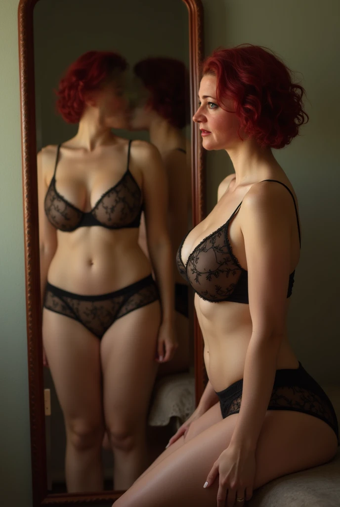 Attractive 60 year old mature woman with big pink curly hair, beautiful detailed eyes, beautiful detailed lips, smiling, extremely detailed face, long eyelashes, huge breasts, shows huge breasts, naked breasts, huge butt, wearing very sexy green transparent lingerie, transparent lingerie, translucent lingerie, see-through lingerie, wears red glasses, proud of her beautiful huge naked breasts, standing in a museum, she looks at a statue, photorealistic, full body, high quality, detailed and hyper-realistic cinematic lighting, natural skin tones, dramatic angle.