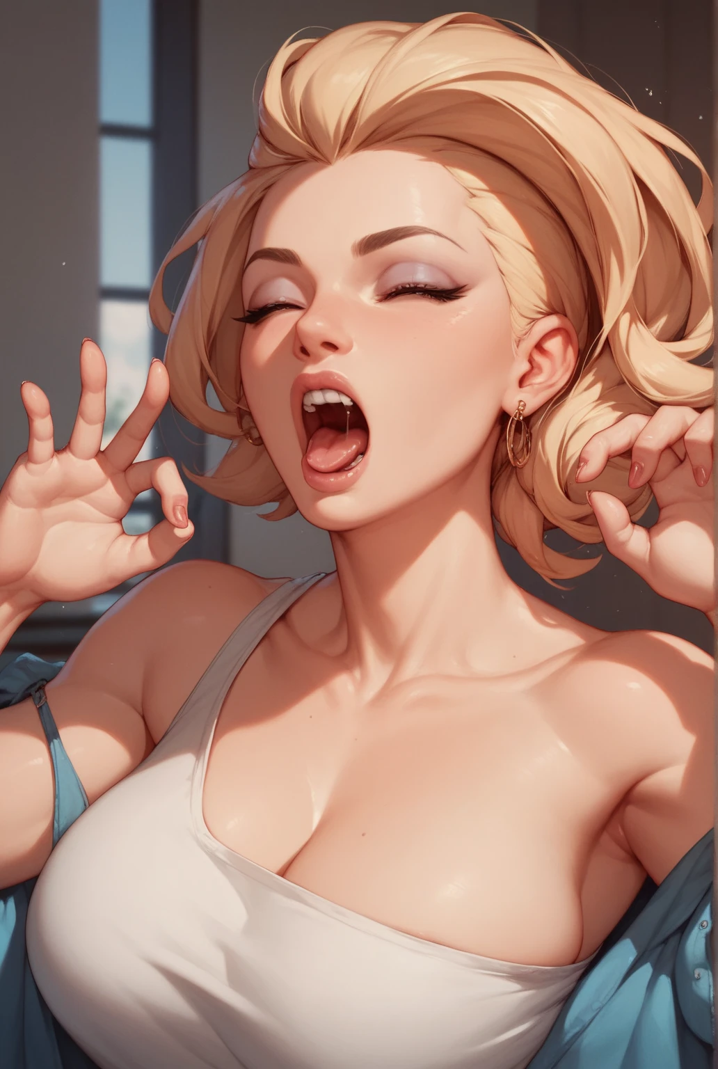 sucking big dick, blowjob, 1 girl, open mouth, saliva, drooling, wet, cum on mouth, cum on tongue, cum on face, big boobs, big ass, big thighs, blush, crossed-eyes, front view, looking at the viewer, milf, ahegao, rolling eyes, tongue, tsunade