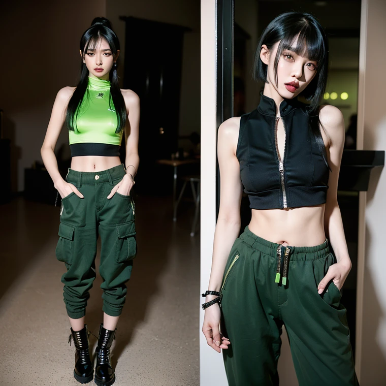 black background, croptop, Kpop idol, short-sleeved T-shirt, 1 girl wearing a colorful PVC texture jacket ((movie interference)), full body, wearing sneakers, beautiful eyes, gloss, jewelry, portrait, original game painting, c4d, blender, beautiful face, 