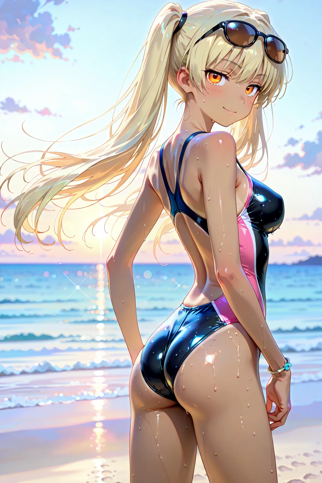 Sandi has light tanned skin with sunscreen smeared above her nose, pale pink lips, and pink cheeks. She wears pale blue eye-shadow and has lilac and yellow eyes. Her blonde hair is slightly wavy and pulled up into a high ponytail held by translucent blue water shapes and a colorful surfboard. Her bangs are parted off-center. She wears a two piece pink bathing suit with gold lining and purple at the middle of the torso, the top having two gold straps while the bottoms have a water design. The shoulders are gold and the neck purple. She also wears translucent water-like sandals with a tiny purple surfboard on the corner of the toe. SPARKLE; GLITTER