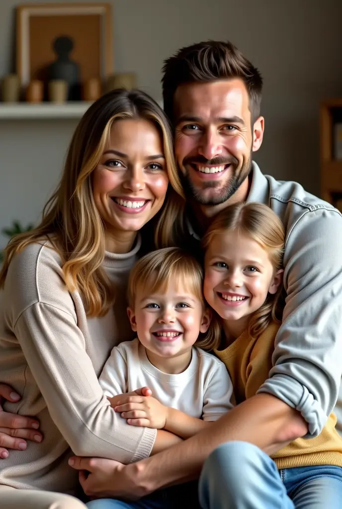  blonde child 8 year  blue eyes hugging her father medium brown hair and brown eyes and her mother blonde green eyes long hair in london home 8k ultra realistic photorealistic 