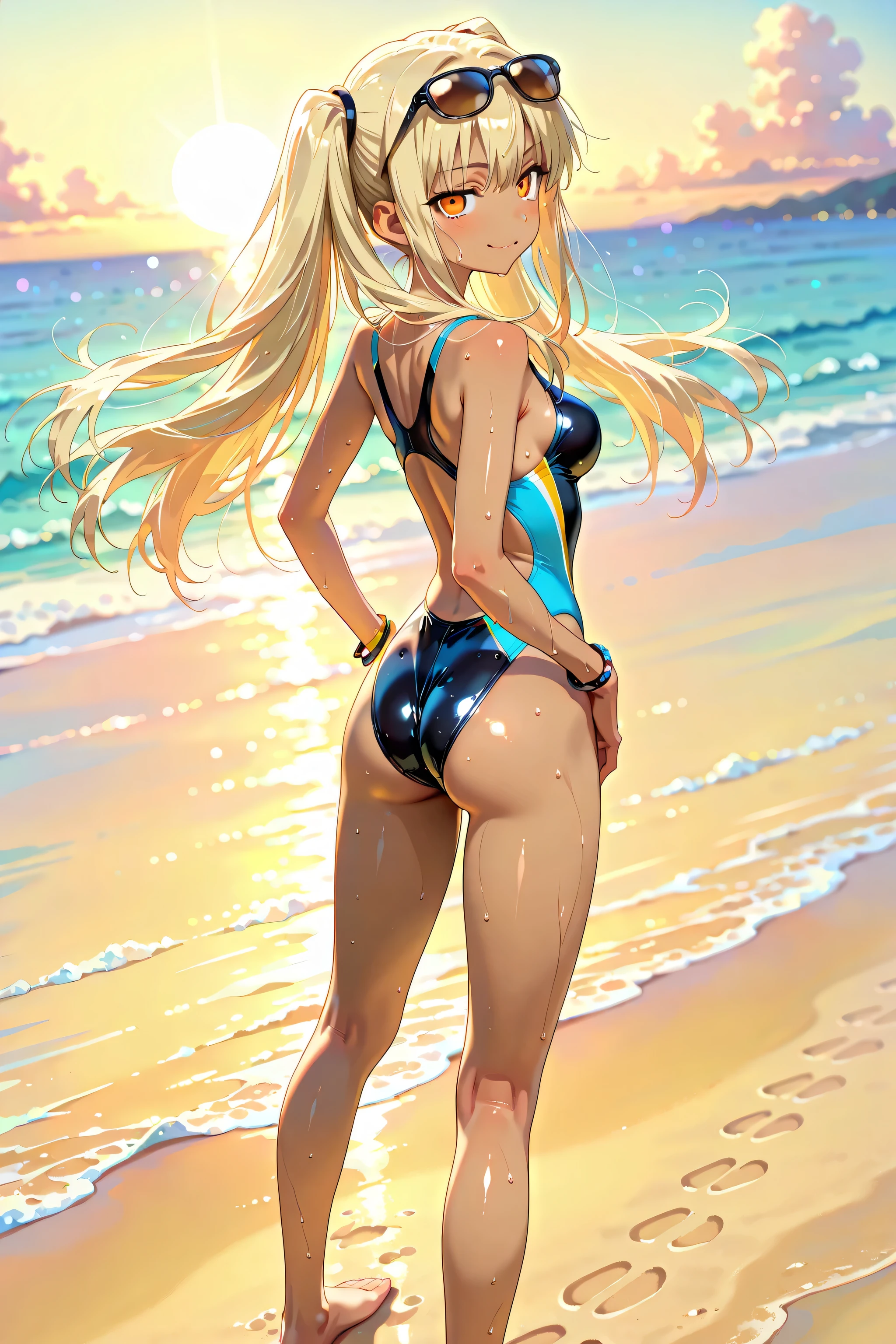 masterpiece, rich colors, Best quality, detailed, high resolution, Hyper quality, high detail, , high quality, detailing, skinny sexy girl on the beach , bright lighting , green eyes, anime, palm trees, bright lighting,