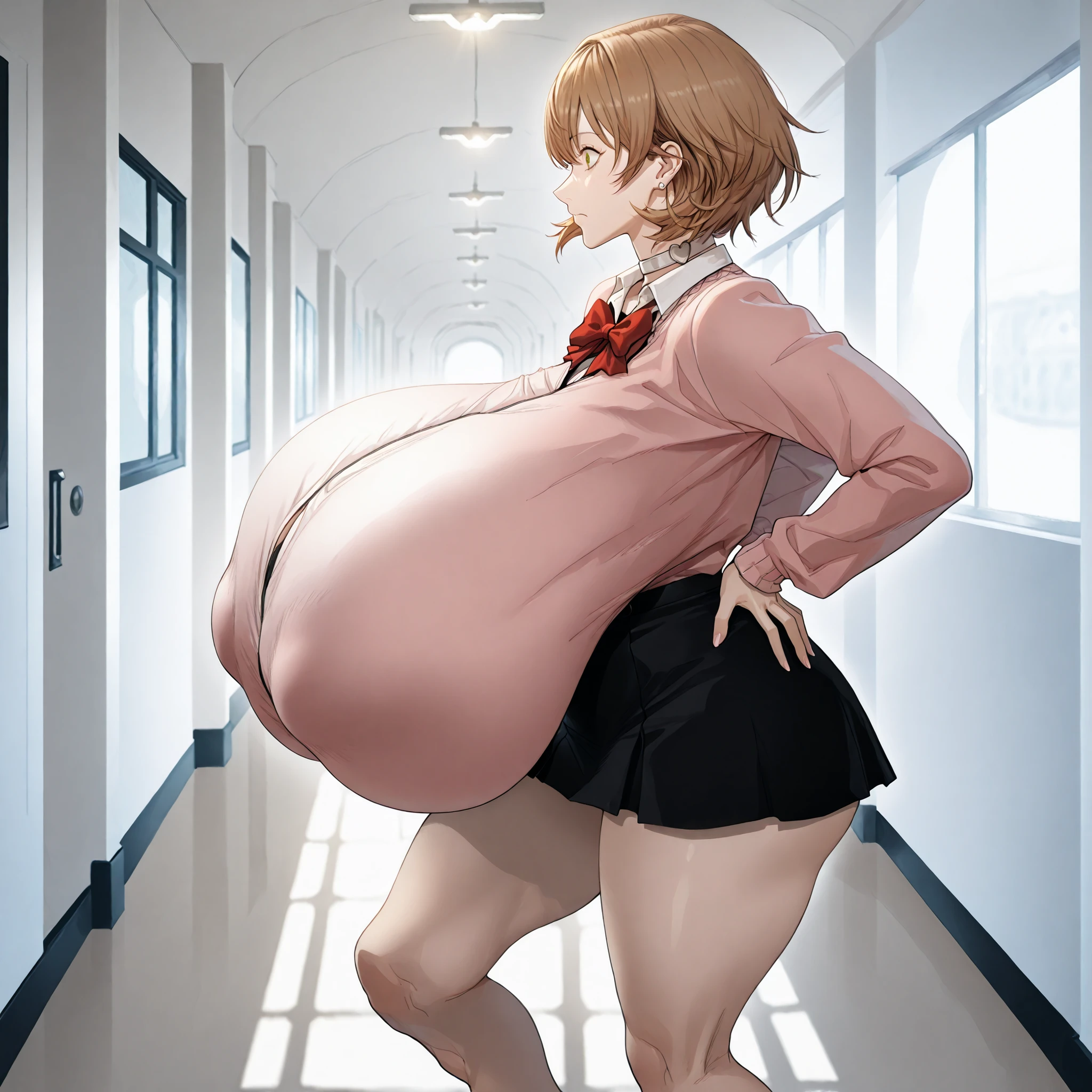 SFW, ,yukaridef, gekkoukan high school uniform, pink cardigan, red bow, long sleeves, black skirt, earrings, white choker Best Quality, High resolution, 1girl in, Full body, Details Girl, detail hands, Detail fingers, Detail Face, detail 1girl , healthy skin, , in a(narrow high school hallway) (crowded high school hallway) (people running into and bumping yukari's breasts) short skirt, (extremely heavy breasts:1.1) (gigantic breasts) (covered breasts:1.5), (breast conscious emotions:1.3), sunlight shafts, , perfect lighting, cinematic composition, highly detailed, photorealistic, 8k, best quality, masterpiece, (hands on back pose) () (brown medium length hair)