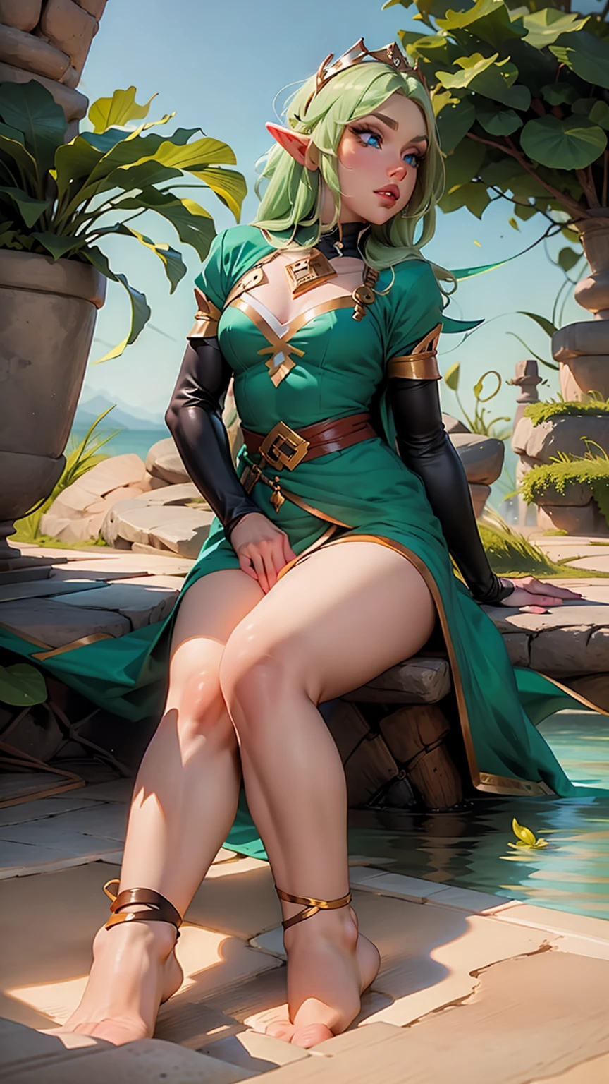 ((full-body photo, feet on the ground, front view)). Princess Zelda, {big breasts, red cheeks, red lipstick on her mouth, looking at the viewer}, {((black outfit with gold trim/maid's outfit with short shorts)}, she's bathing in a waterfall in an open area falling water, clothes and hair soaked. She has {((short green hair, blue eyes, looking at the viewer, smiling)}, anime, anime style, motion blur, 16k, high quality, super detail, textured skin, anatomically correct, masterpiece, masterpiece, masterpiece, UHD, ccurate