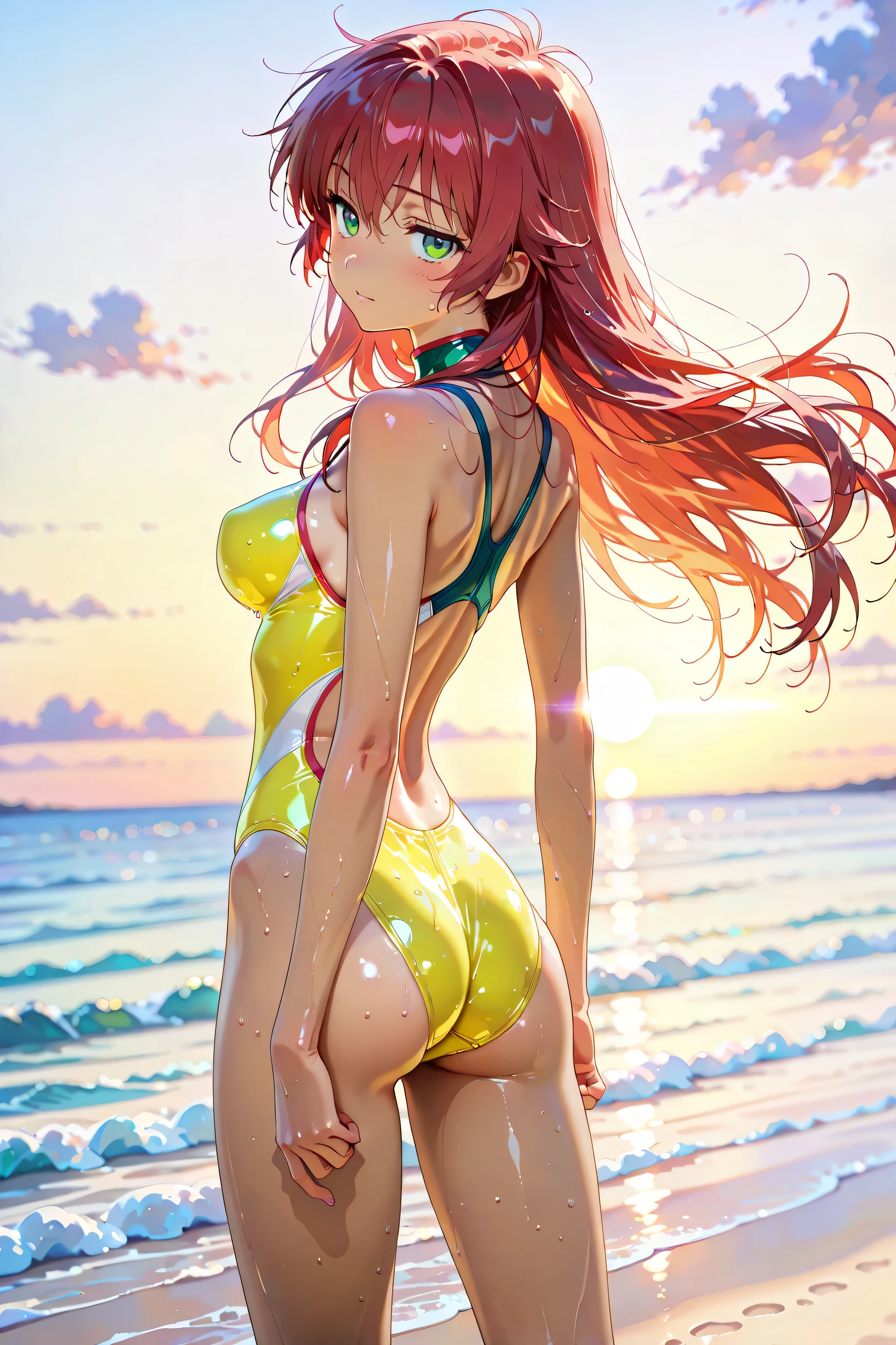 1woman, orange hair, blue eyes, orange bikini, standing on ground, high res, ultra sharp, 8K, masterpiece