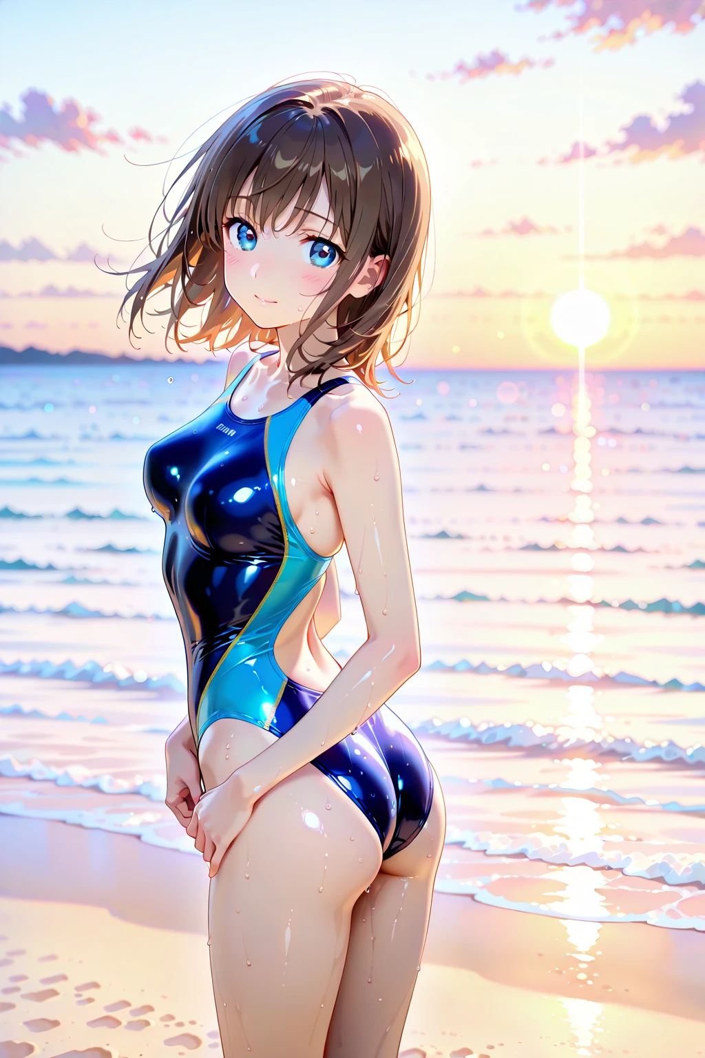 top-quality、Full limbs、complete fingers、One beautiful woman、Beautiful Large Breasts、short-hair、bobhair、Brown hair、Woman in purple competitive swimsuit、Raw feet、A big smile、Under the sea、the reef、Frolicking underwater、Under the surface of the water、Composition seen from behind