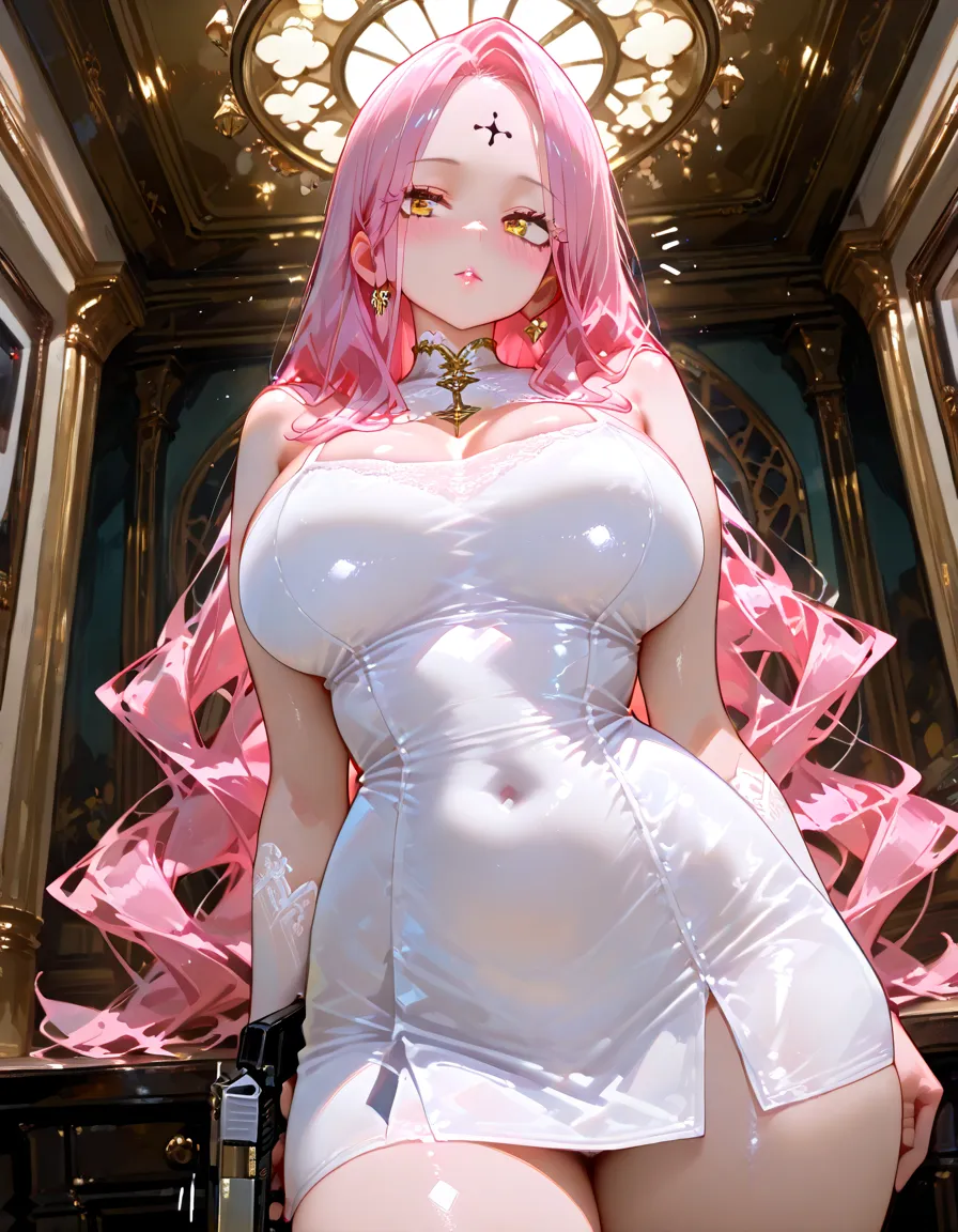 ultra detail, (((masterpiece))), official art, cinematic lighting, Lacus Clyne, attractive anime girl, 1girl, pink long hair, hair ornament, cute face, slender body, shiny skin, huge breasts, Big breasts that are about to burst, well-shaped breasts, amazingly big breasts, detailed breasts, smile, blush, (((NSFW))), (((white lace dress))), (((sexy pose))), focus on breasts, Photographed up close,