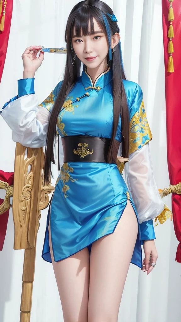 mix4,(8k, RAW photo, best quality, master:1.2), (realistic, photo-realistic:1.37), wearing Song dynasty clothes, skirts, (standing split: 1.4), standing on left leg, hands holding right leg split, Chinese girl, goose egg face, ancient headdress, period costume, charming, good-looking, sexy, good figure, (no bra), (background is ancient palace)