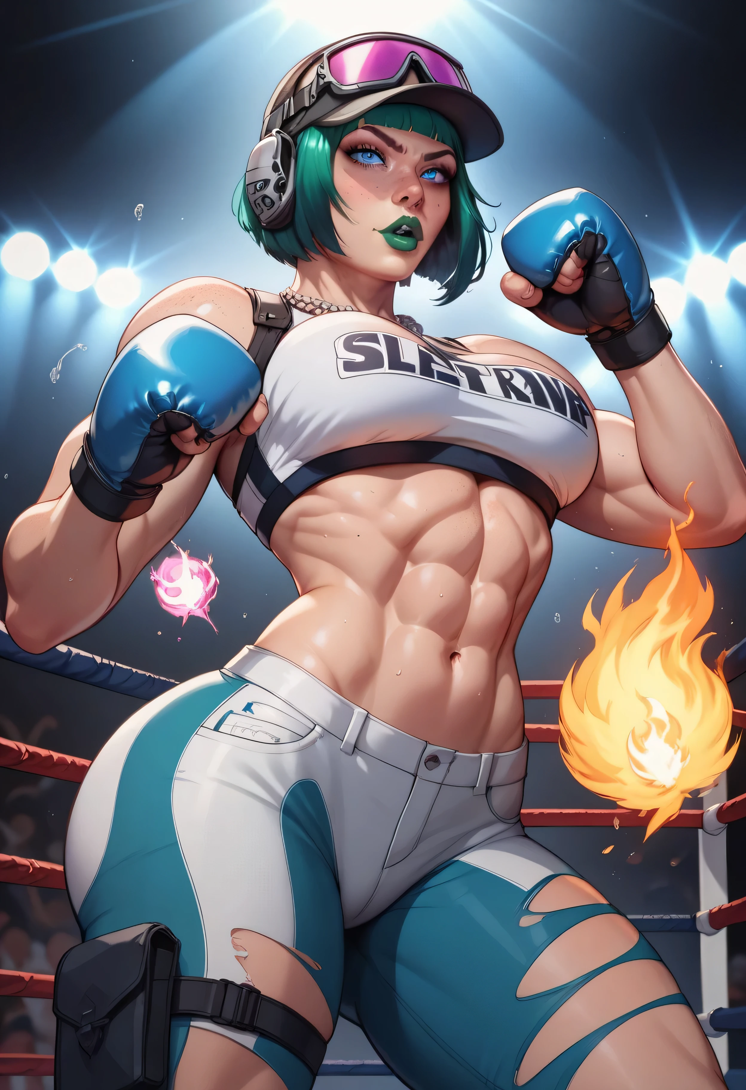 Bulma from Dragon Ball, lucha wrestler, micro bikini, nipslip, areola visible, wrestling ring, muscular body, dynamic pose, dramatic lighting, highly detailed, photorealistic, cinematic composition, vibrant colors, dramatic shadows, hyper-realistic, 8k, best quality, masterpiece nipslip, areola exposed, nsfw, nude, naked