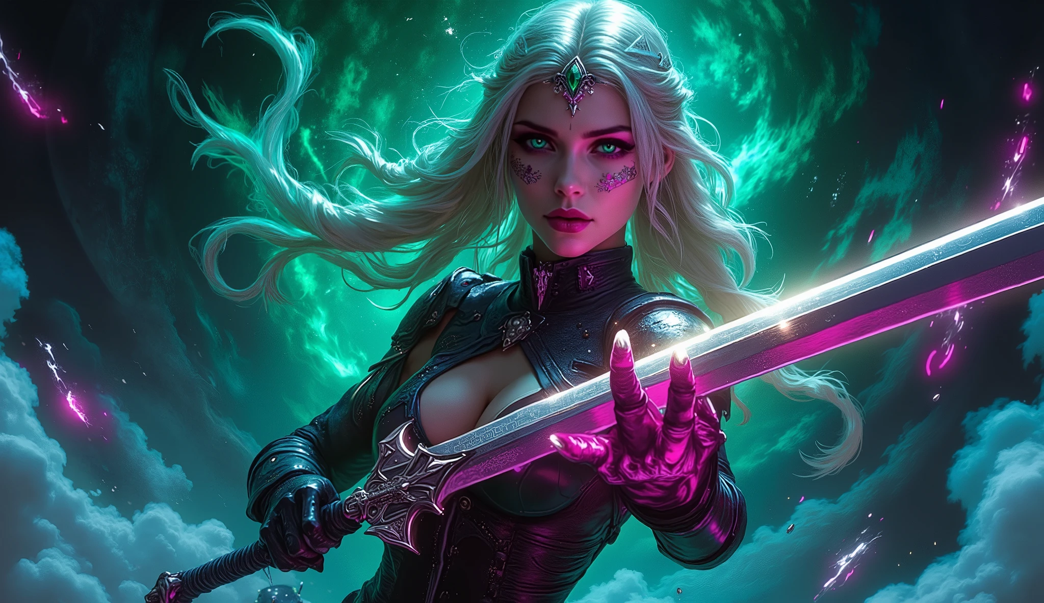 EE_Und, hochwertig, digitale Malerei, (best quality), hochdetailliert, das Schwert haltend, high-quality sword, (Big gun), (Bubiklingen:1.2), Beautiful blade, (Angriffsstellung), Aktionspose, oversized iron sword, girl, mechanical arm
Her penetrating, radiant emerald green eyes radiate intense magical energy from, as her pale skin with artistic, soft glowing tattoos decorated in bright neon colors is. Die Tattoos, running across her arms, Brust, und Hals, schwach pulsierend, that indicate her immense arcane power.
Her face is filled with flowing platinum blonde Hair framed, accented with delicate braids, and decorated with an artistic emerald green tiara on her forehead. She is wrapped in open-hearted clothing, futuristic leather-inspired armor, artfully designed with glowing neon inlays, that seamlessly merges with her glowing tattoos. The sharp contrasts between the glowing neon lights and the dark, shady Textures of her outfit create a dramatic and fascinating aesthetic.
Her hand is raised , surrounded by swirling magical flames in cyan and magenta, casting dynamisch, shadows moving across her shape. The background is an abstract, dark emptiness of swirling fog and dimly glowing magical glyphs, creating an atmosphere of mystery and danger. The interplay of light and shadow underlines their commanding presence and the chaotic energy of their magic, while the glowing neon elements and tattoos create a sense of modern mysticism and unbridled power. Her posture radiates confidence and control, making her a vivid embodiment of elegance and raw, relentless magical power.