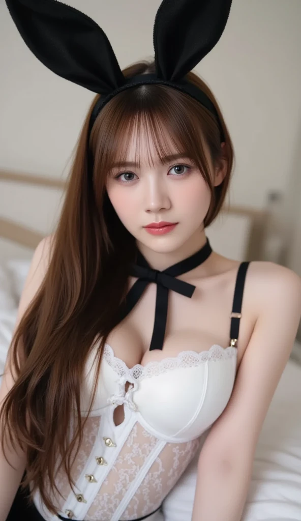 (highest quality, masterpiece:1.3, 超A high resolution), (Very detailed, Caustics), (Realistic:1.4,RAW shooting,)Ultra-Realistic Capture,Very detailed,High resolution 16k, Human skin close-up, The skin texture is natural, It must be detailed enough to be easily identifiable.。 Skin should look healthy and have an even tone。 Use natural light and color, ((Sally)), ((the body is slim)), girl, Japanese, 18-year-old, cute, Long Hair, Big Breasts, smile, Turn your body forward, (View from the front:1.1), Looking into the camera, focused on the chest, Light brown hair, ((Black choker)), Lots of long eyelashes, blue eyes, bangs、office, Big Breasts, Red lips, Standing posture, Deaconess, whole body, High heels