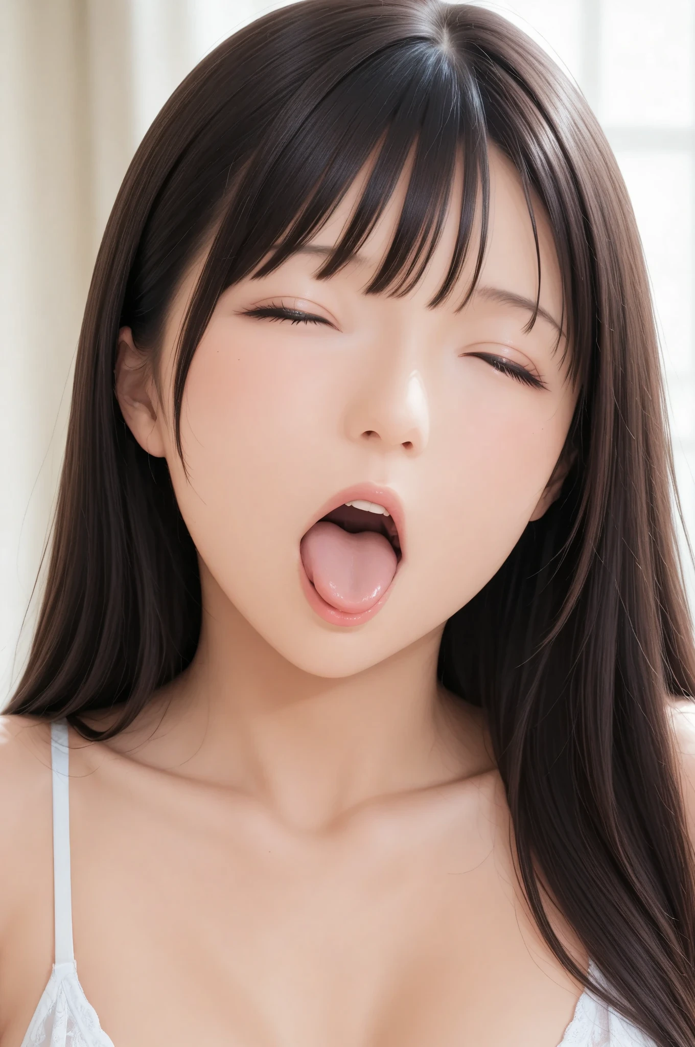 Highest quality, (beautiful)、Naked man and woman pair、Licking the penis、Giving a blowjob、Full view of boobs、Nipples、Soft 、Close-up、Sticking out tongue、Taken from directly above、Ejaculate