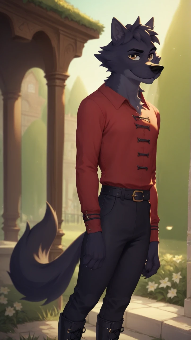 Lupin, black fur, wolf, male, brown eyes, red tunic, long sleeves, Black pants, black medieval boots, black belt,semi-anthro, solo