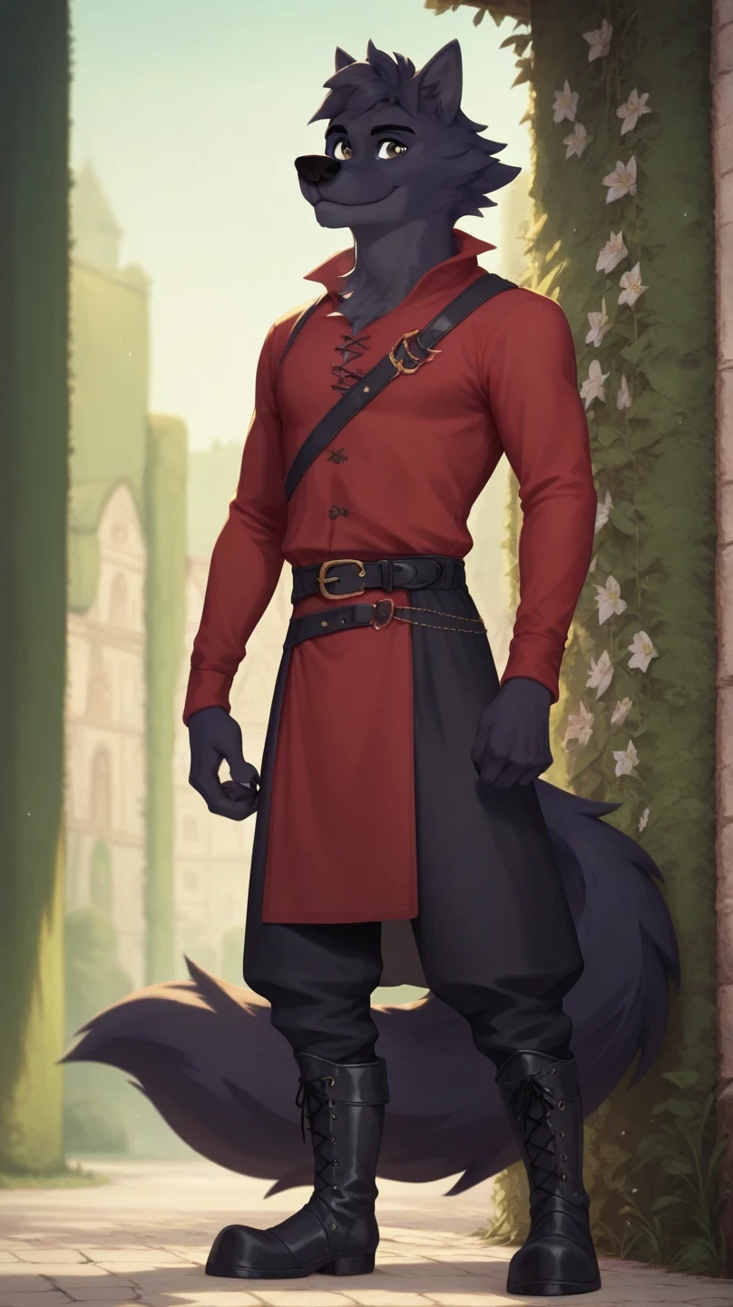 Lupin, black fur, wolf, male, brown eyes, red tunic, long sleeves, Black pants, black medieval boots, black belt,semi-anthro, solo