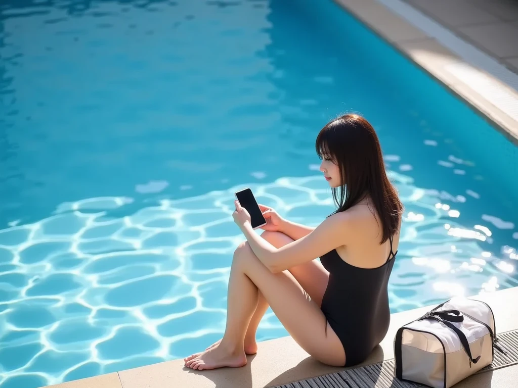 woman in red swimsuit sitting on a chair using a cell phone, checking her phone, is wearing a swimsuit, checking her cell phone, 40 years woman, poolside, next to a pool, sexy body and face, photo from the back, attractive woman, 40 years old women, attractive female, goddess checking her phone, perfect body and face