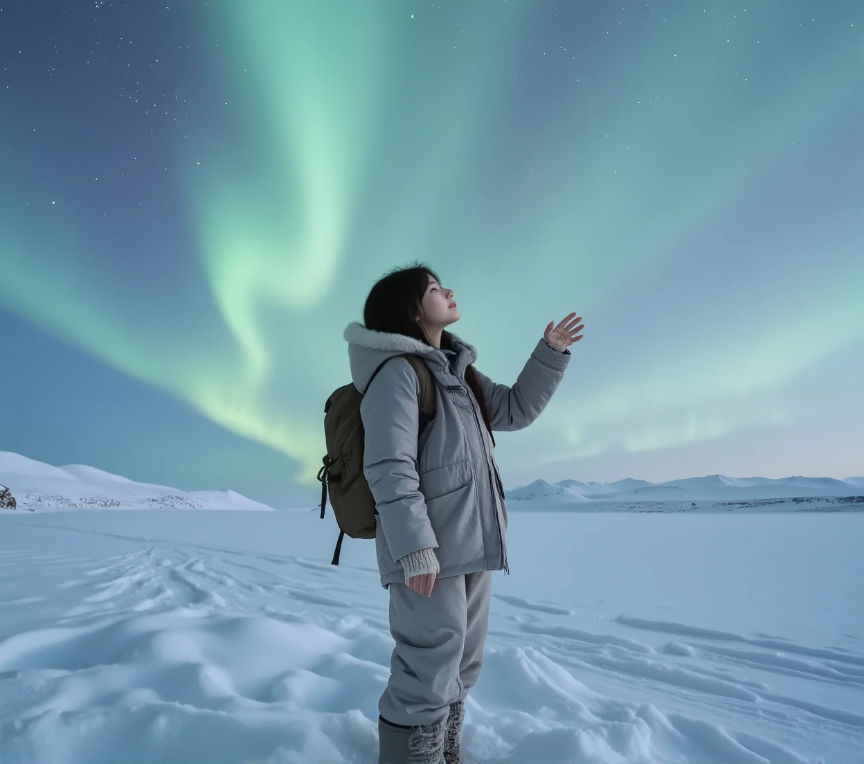 Une femme mince aux longs cheveux tressés se tient debout dans un champ de neige en Islande, Elle regarde les aurores boréales vers le haut. Elle porte un épais manteau d'hiver garni de fourrure, Pantalon thermique, bottes, et un sac à dos de randonnée robuste. Ses joues sont roses à cause du froid, et elle lève une main comme pour toucher la lumière. 3/Vue 4 corps, style anime semi-réaliste, palette de couleurs bleu-vert froid, un ciel aurore magique, une surface de neige réfléchissante, expression rêveuse.