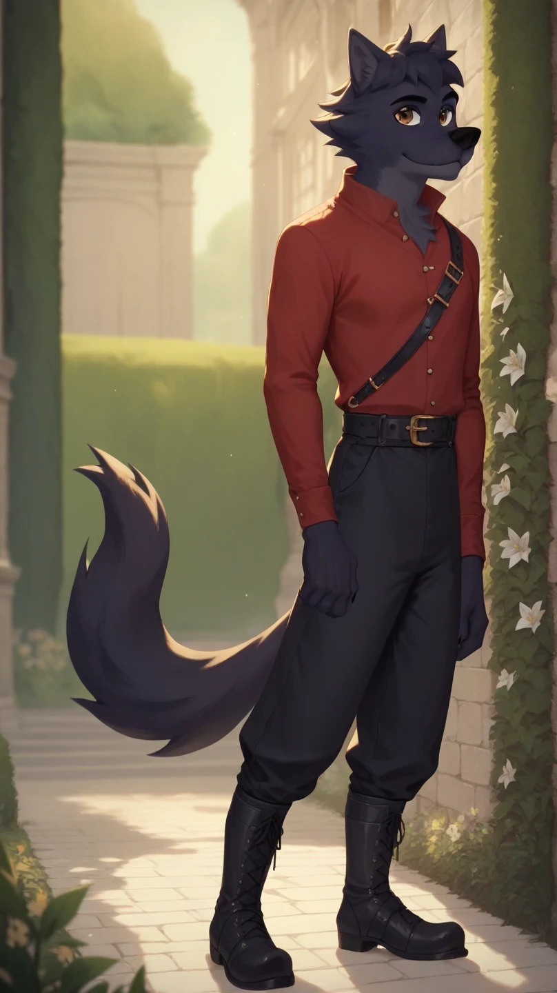 Lupin, black fur, wolf, male, brown eyes, red tunic, long sleeves, Black pants, black medieval boots, black belt,semi-anthro, solo