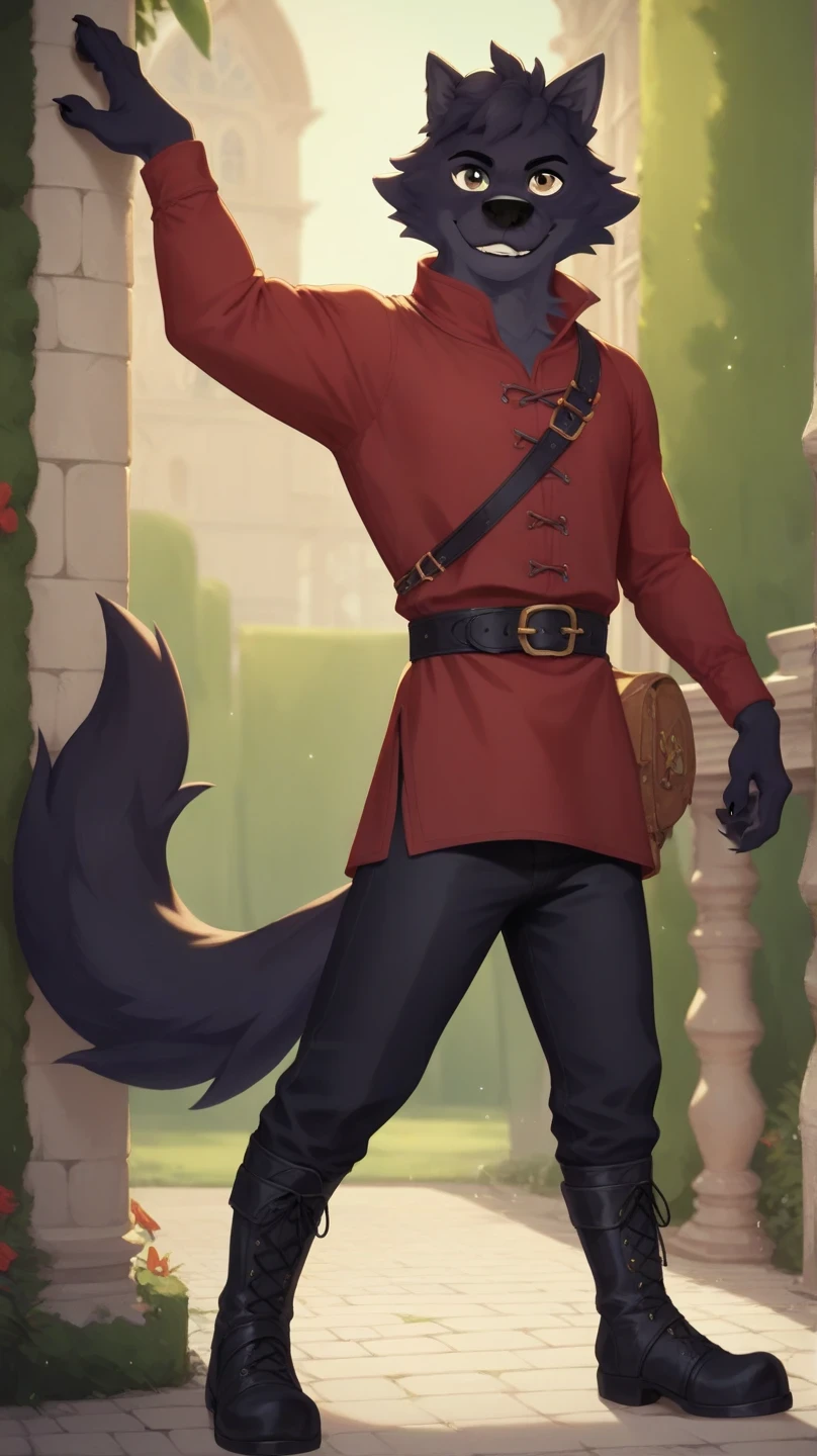 Lupin, black fur, wolf, male, brown eyes, red tunic, long sleeves, Black pants, black medieval boots, black belt,semi-anthro, solo