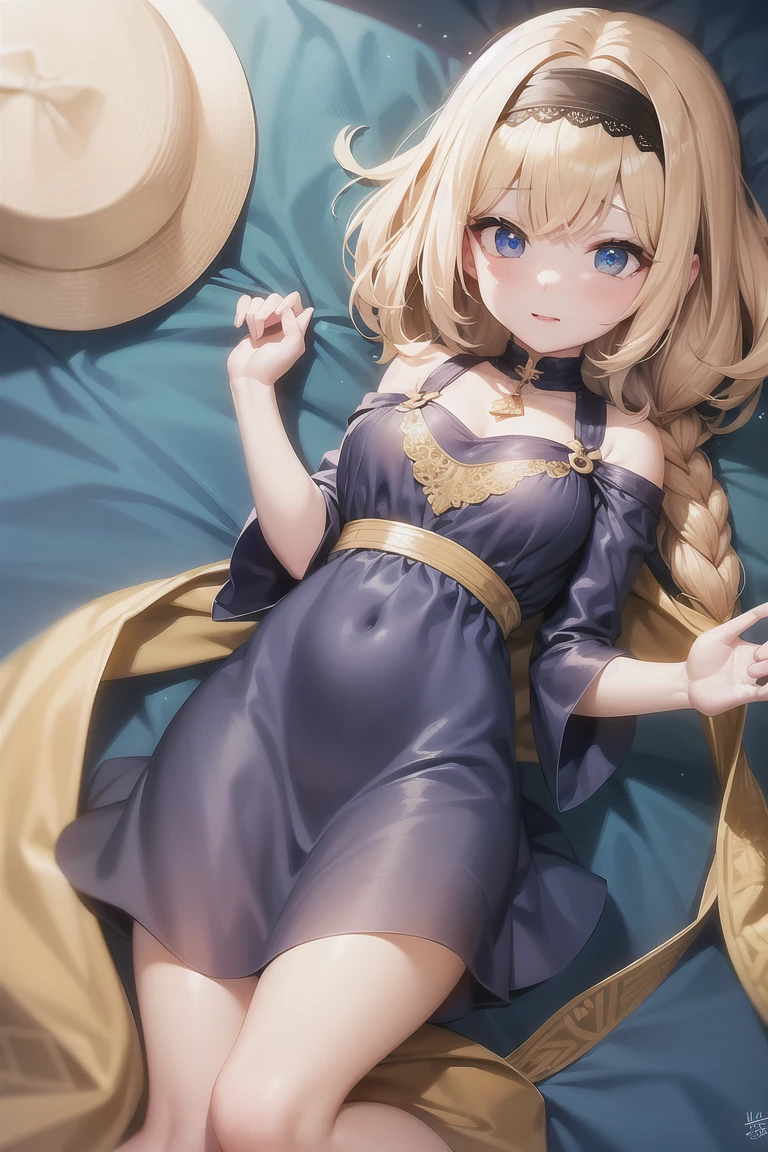 1 girl, lying on the stone floor in a blue dress, frightened face, crying, teardrops, bare shoulders, bare thighs, blonde curly hair, Arms outstretched to the sides, Looks to the side
