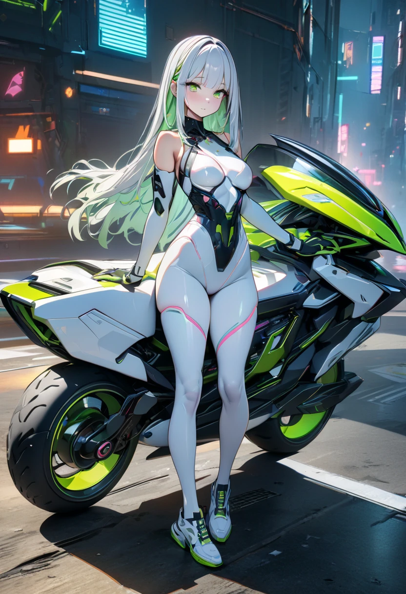 ((masterpiece,Highest quality:1.3)),cowboy shot,1woman,30 year old beauty、Investigator、独奏,(very small head:1.3),green hair,(low ponytail),long hair,blunt bangs,green eyes,gorgeous eyes,medium breasts,(very long body:1.2),(toned body,slender body,skinny),gleaming skin,shiny skin,oily skin,Yellow tube top bra、navel、Yellow micro shorts、(Drive a futuristic motorcycle、Sit on the seat:1.5)、White athletic shoes、Sprint、on road,Metropolis,neon、World of Blade Runner、