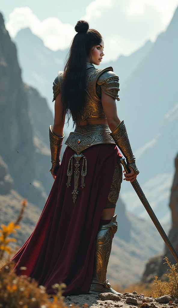 hyperrealistic, 1 girl, alone, Long curly hair, burnished bronze armor on lace. slim, voluptuous lush. Combat gloves with very large sword drags. High resolution, masterpiece, necessary, anatomically correct, movie, Conceptual art, Digital art, Hyperrealism, Tibetan snow mountain top.
anatomically correct, quality, UHD,