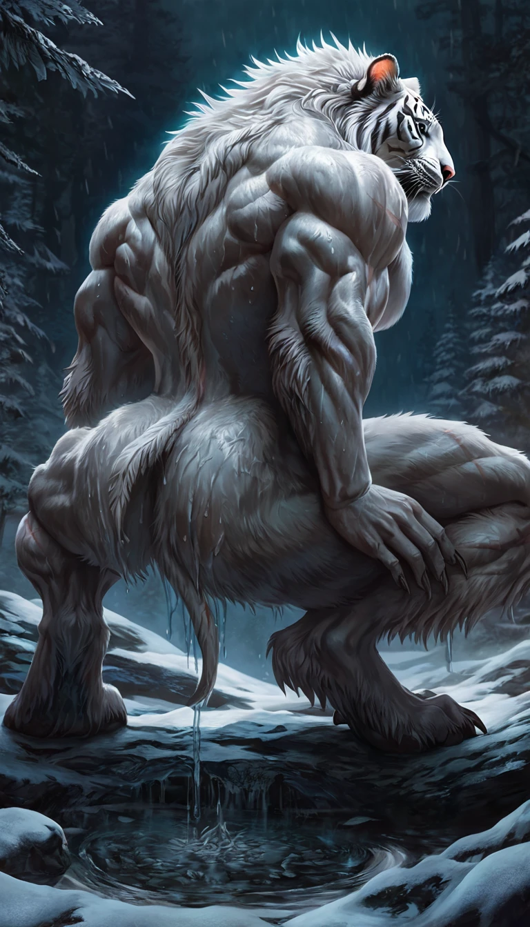 ultra-detailed, masterpiece, masterwork, high quality, best quality, hdr, posted on e621, (by darkgem), (nature), nsfw, male, solo, chibi, (little body werewolf), werewolf, (long silver hair, yellow eyes, white body cross your arms), standing, dynamic angle, (foreskin, balls,)