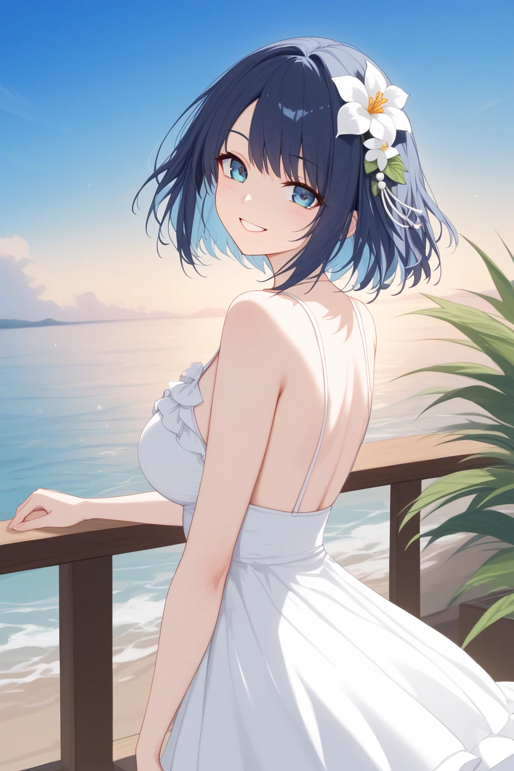 ((8k resolution))、((highest quality))、((masterpiece))、((Very detailed))((((dramatic))), (Anatomically correct)、The depth of the object to write、front、one person、 (Bellflower, short hair, Animal ears, Black Hair, Hello, blue Hello, iris, String Panties)、background:Ocean