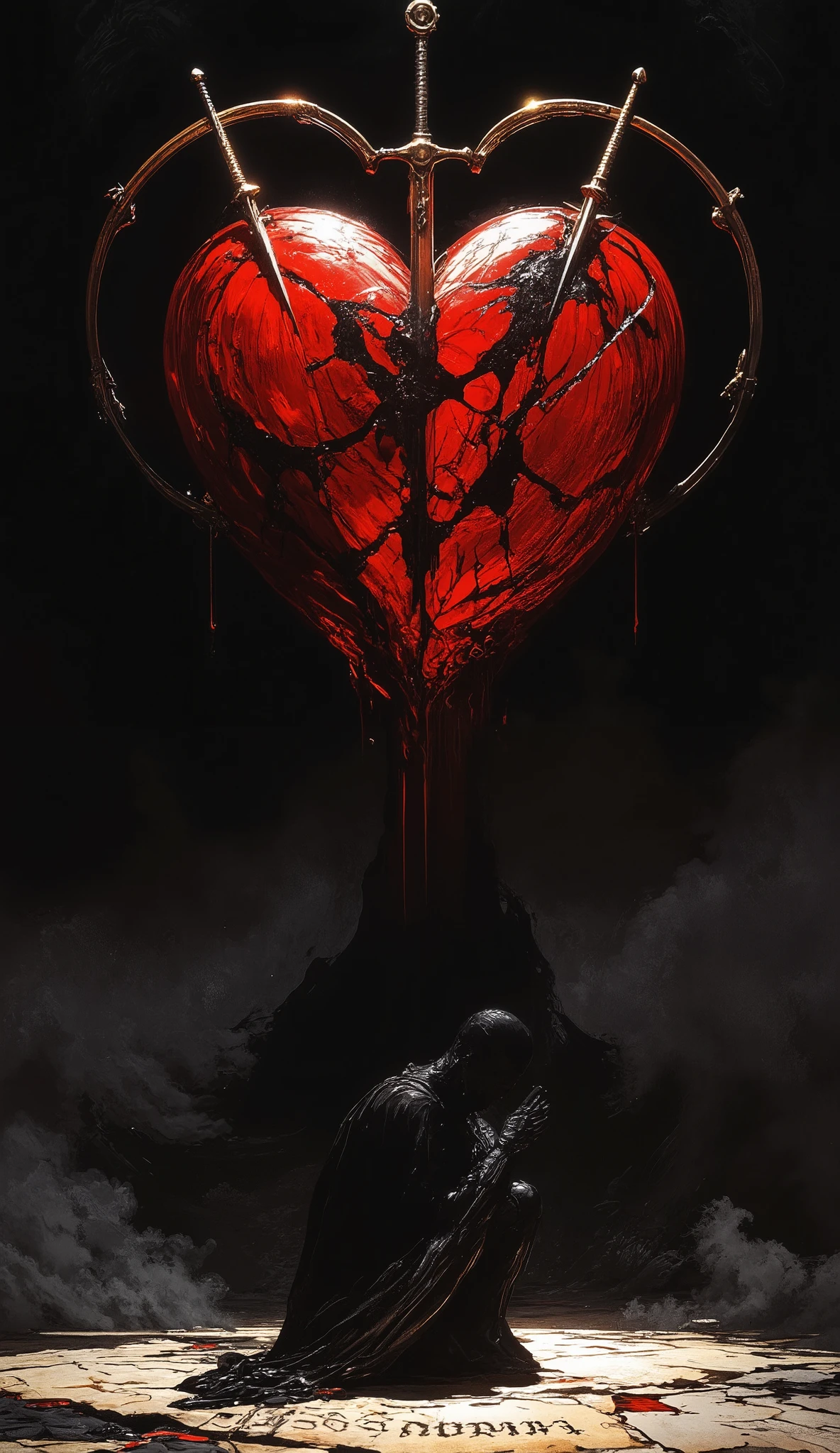 A haunting and evocative image centers on a large heart, rendered in deep crimson hues and pierced by three gleaming swords, each with intricately designed hilts reflecting the light. The heart's surface appears textured, almost velvety, lending a tactile quality to its depiction. Below the heart sits a lone figure, a woman crouched in a sorrowful pose, her skin predominantly obscured, evoking an intense sense of vulnerability and anguish. She is placed against a backdrop of grayscale clouds that swirl around, contributing to the somber and melancholic atmosphere. The lighting is dim, casting an ethereal glow that enhances the dramatic contrast between the vivid heart and the muted surroundings. Beneath this scene, the word "Sorrow" is subtly inscribed on a parchment-like banner, accompanied by mysterious symbols. The image speaks deeply to themes of heartache and emotional pain, through its choice of composition, color, and symbolism. there is a picture of a woman holding a heart with swords on it, broken heart, love and death, lovecratftian horror, broken hearted, by Artur Tarnowski, gothic harts, by Eugeniusz Zak, broken hearts, by Anna Füssli, by Ludwik Konarzewski