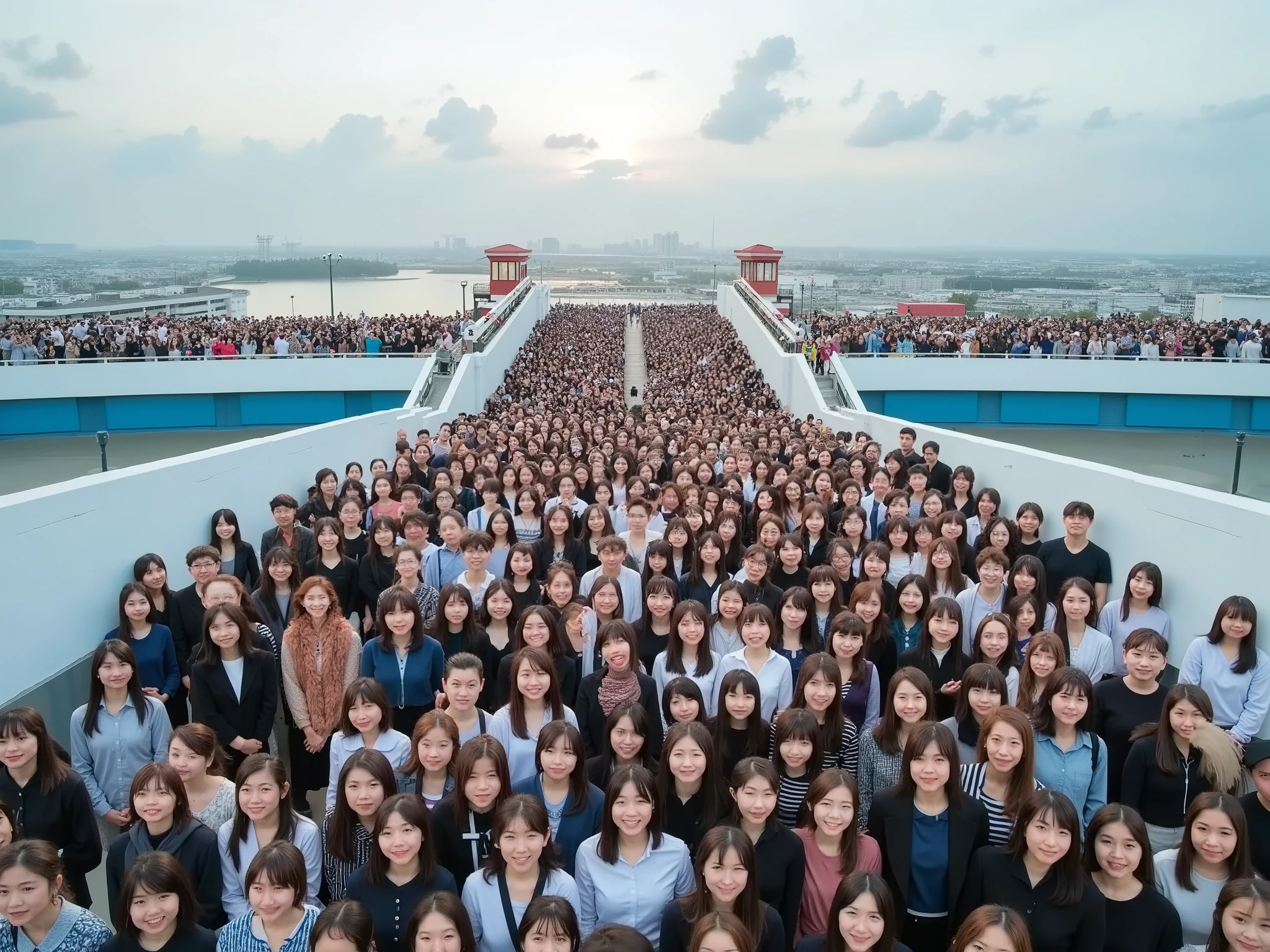 8k, highest quality, (photographic:1.5), (realistic, photo realistic:1.37), 
 group photo, from front, An upward-looking composition of many women, 1,000,000,000,000,000,000,000,000,000 people’s, panorama ,Dramatic Sky Background, from above