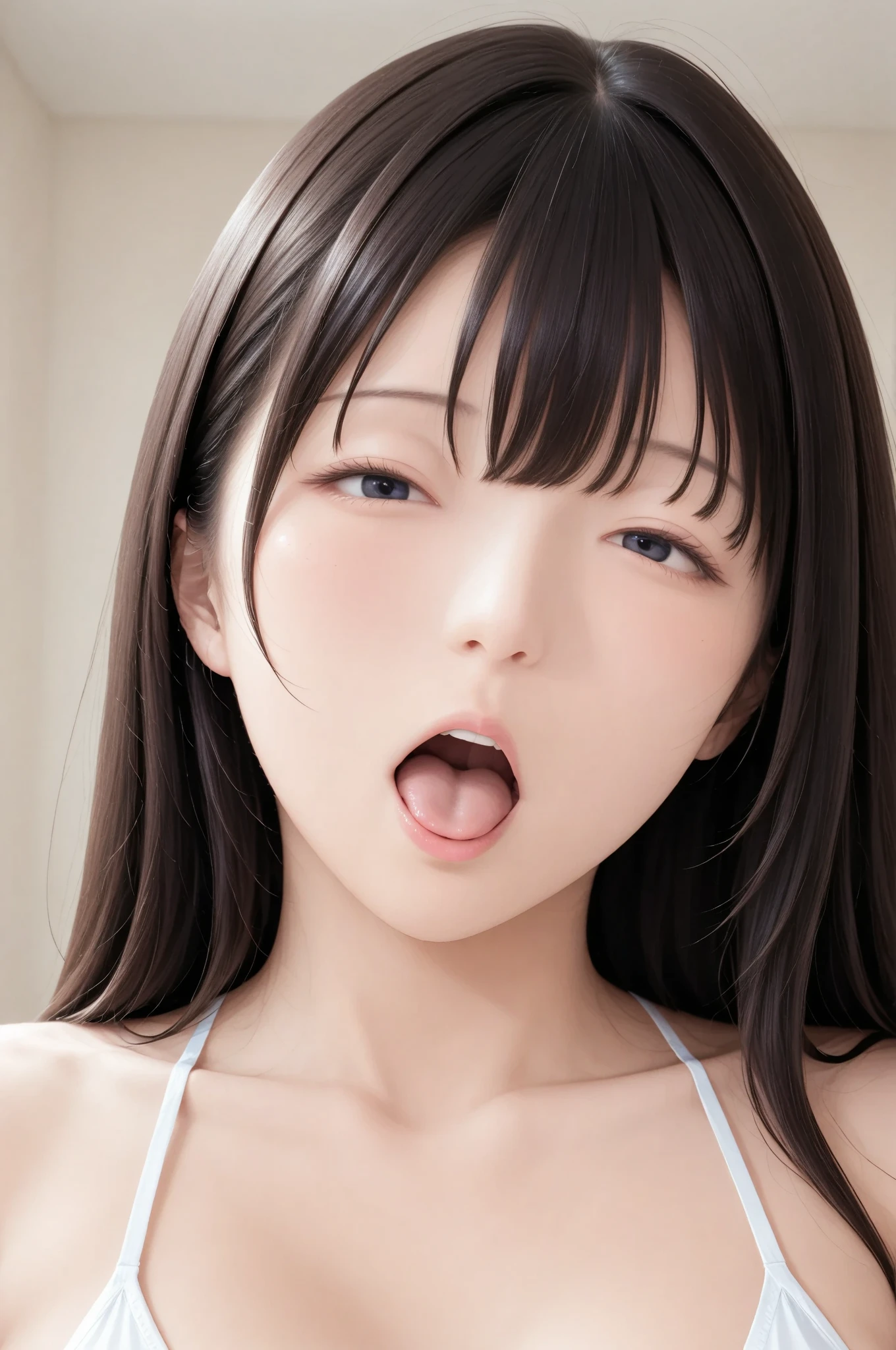 image of one woman、kneel、look up、Upper eye line、big breasts、big breasts cleavage、Light pink nipples、Black underwear、Tongue licking、Smooth skin、masterpiece、highest quality、8k photo、(close ~ eye)An excited look、A wistful look、blushing face、Excited expression、please open your mouth、(wrinkles at the corners of the eye:1.1),18-year-old female、Please bring your face closer to the audience、Pretty wet and shiny lips、Kissing Face、