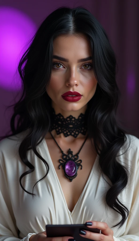 A blonde woman, a young blonde woman in purple occult witch clothes, somber atmosphere, sinister looking, The woman is looking forward, the woman is extremely beautiful with a delicate face, purple makeup, hair blonde, the woman has a very attractive body, small cleavage in the breast area