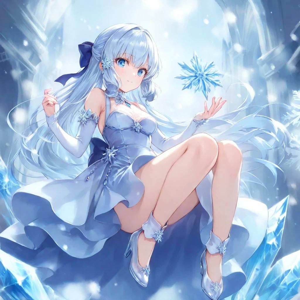 Anime teen girl, ((((White and Blue winter coat with fur)))), blue hand and thigh accessories, (((long light (glowing) aqua hair))), ((hair accessories)), ((black eyes)), (((blue decorations around the entire body))), (smiling), pale skin,  neck, shoulders, medium chest, arms, hands, medium waist, legs, medium thigh, cute, blue stripes on dress, (wearing white gloves), ((((meditating next to a beautiful wooden house in a forest chair)))), serious, cinematic light, high resolution, highest quality, ultra detailed, detailed face, (detailed eyes), best quality, hyper detailed, masterpiece, (detailed face), clean face, detailed eyes, ((((white and aqua long robes covering all of the legs)))), (((wearing see through tight pants))), ((barefoot)), (((((ice around the area and her body including an ice aura))))), ((sleeves covered in see through tight clothes)), (((floating))), ((ice in her hand)), (((no blush or red on face))), (((leg and feet rings and accessories)))