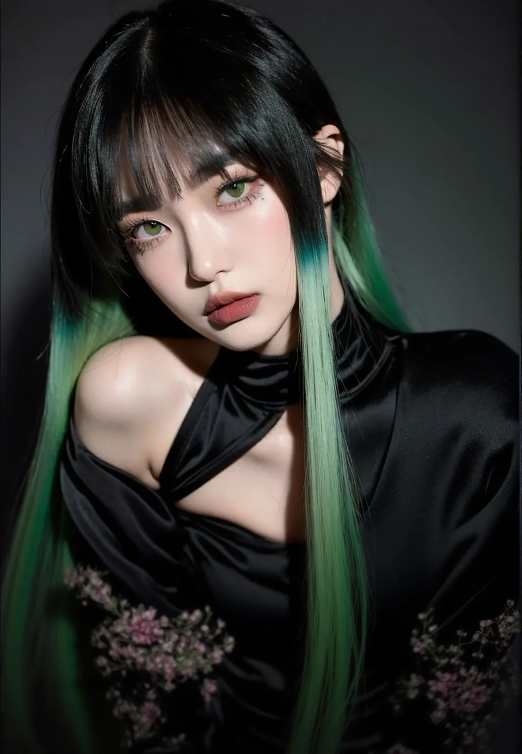 Big ass Japanese gothic girl with green locks and green eyes
