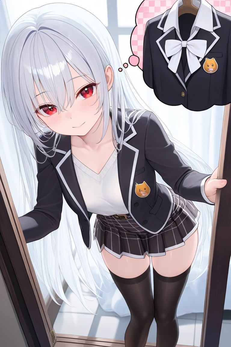 highest quality、masterpiece、((1 girl:1.5))、(())、(blush:1.5)、(smile:1.5)、((fun!!))、cute、dog ears、(silver hair)、、high school girl、((classroom:1.5))、()、、Kamimei、look at me、(No panties:1.3)、((shaved pussy:1.5)), ((red bow tie, , black jacket, open jacket, white cardigan, white shirt, black skirt, plaid skirt、black socks))、 (No panties:1.3)、((shaved pussy:1.5))、(highly detailed closed labia:1.5)、((Peeing is occurring:1.8))、peeing、light blue eyes、long hair