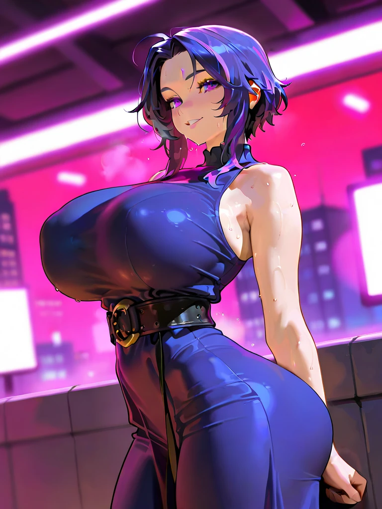 (high quality, 8k, 4K, high contrast, artwork:1.2, high quality, best aesthetics), (dynamic angle), ((1 woman)), erotic, sensual, mature body, sexy woman, super detailed, beautiful face detailed, beautiful eyes detailed, detailed beautiful mouth, perfect big breasts, perfect wide thighs, (black hair), (hair tied into a ponytail), (red streaks in the hair), (black eyes), (black eyeliner), (red eyeshadow), (black lipstick), (freckles), (relaxed expression), (purple dress with short ruffled skirt and skull print), (white collar), (black rabbit ears), (standing), (looking at the viewer), (piercing gaze)