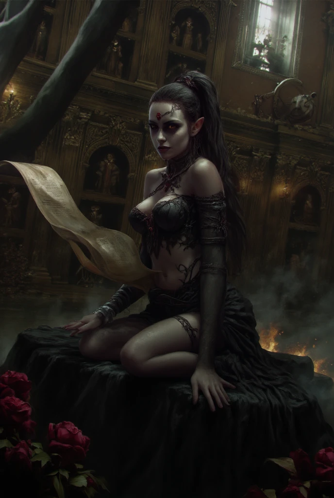 a teen Natalie Portman dressed emerges as a captivating figure amidst the Dark Temple. her physical appearance tells a story of tragic transformation and decay, evoking both fascination and a sense of unease. the teenage necromancer girl's once-youthful countenance is marred by the relentless grip of decay. skulls. totems. voodoo magic. sitting on her throne.