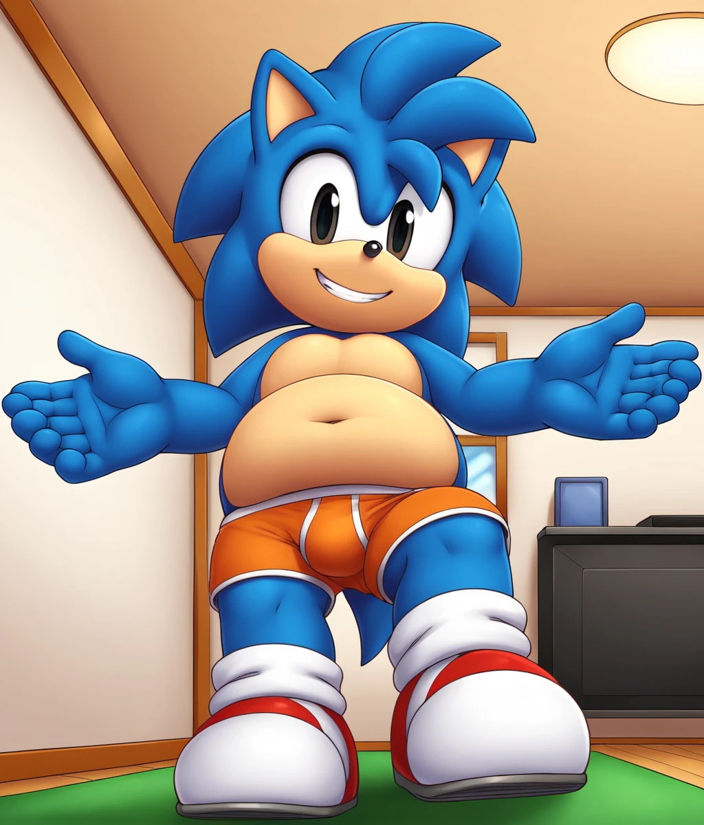 an anthropomorphic muscular blue hedgehog with big hairy chest, red speedo, nsfw, himbo body, sonic hedgehog, high quality furry art.