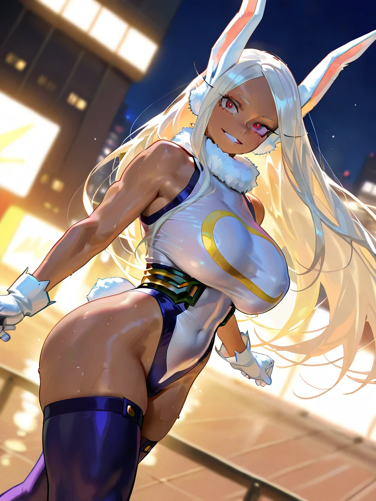 highres, realistic 1girl, (like Tatiana Badiu & sunnyrayyxo), (solo), (Mirko) in cammy_white_(cosplay), rabbit_girl, ((dark_skin)), red_eyes, ((white_hair)), very_long_hair, long_eyelashes, ((large_breasts)), (huge saggy breasts), curvy muscular, sexy body, stunning sexy, underbust, abs, covered_abs, curvy, ((thick_thighs)), thighs, (toned(, smile, teeth, upper_teeth_only, tongue, tongue_out (white_leotard), ((highleg, highleg_leotard, taut_leotard)), blue_gloves, blue_headwear, beret, hat, chest_strap, (thigh_strap), thigh_holster, holster, camouflage, bodypaint, gloves, ((sleeveless_turtleneck_leotard)), braid, twin_braids, low_twin_braids, ahoge, huge_ahoge, (looking_at_viewer, hands_up, rabbit_pose, armpits), bare_shoulders, ((ass_visible_through_thighs)) skindentation, rabbit_ears