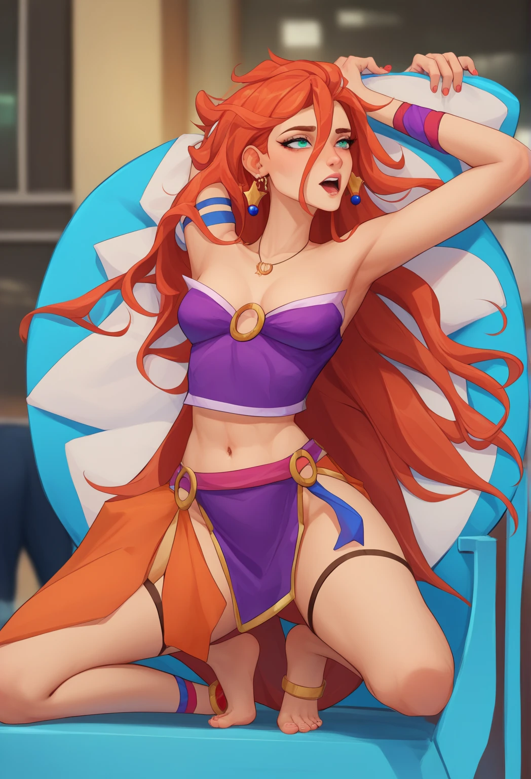 score_9, score_8_up, score_7_up, source_anime, Starfire teentitans, at castle, wide hips, big breasts, wearing belly dancer outfit, veil, jewelry, anklet, bracelet, bare feet, exposed breasts, kneeling, tiptoes, tied wrist, wrist chained to pole, arms up, back view, looking back at viewer