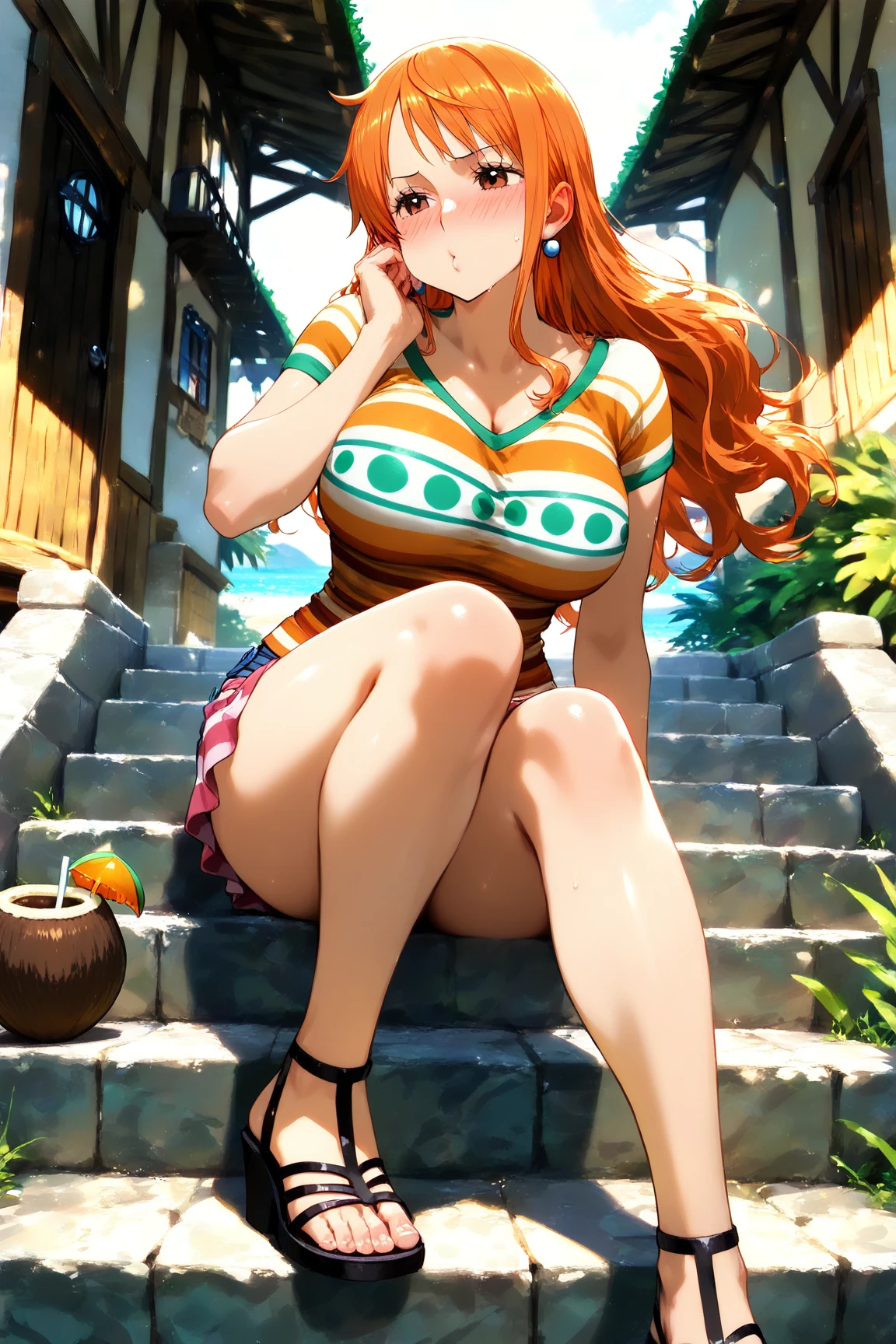 Yellow-green panties, Striped cotton panties, Navel, ribbed, Tank tops, Brown eyes、Navy pleated skirt, Orange hair, Long, Skirt wavy hair panties, groin, masutepiece, 8K, frombelow, Jumping, thighs thighs thighs thighs, Armpit, Smile, Open mouth, :D, front tooth, blush, 1girl in