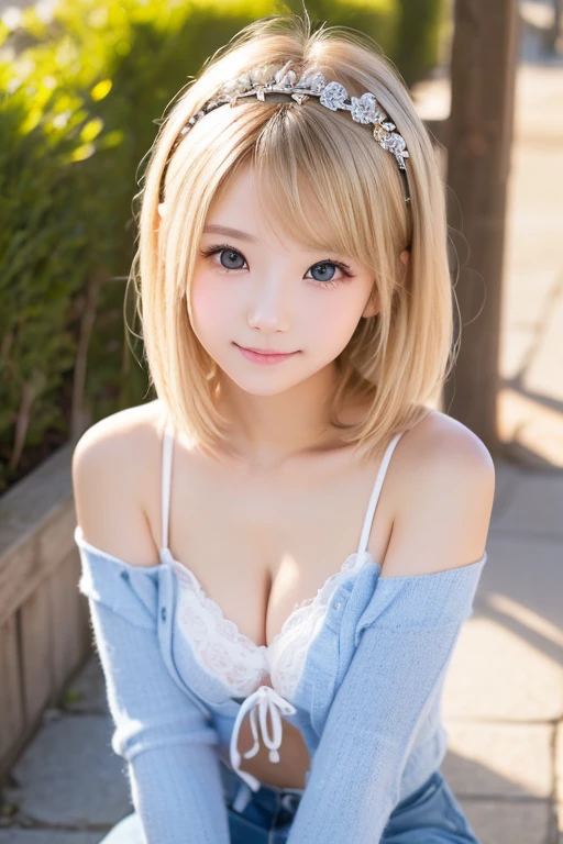 a very cute blonde 14yo girl wearing bunny ear, sitting in cafe posing for picture, bob-cut hair, small breast, raw photo