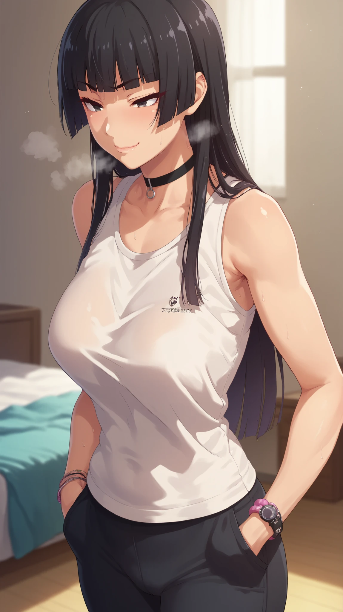A woman with very long black hair and (very long bangs:1.5), wearing a stylish jacket and tight jeans, standing. The artwork is inspired by manga and incorporates a doujin style. The woman appears to be (wetting herself:1.5), which causes her to feel embarrassed and humiliated, resulting in a blush on her face. In addition, there is an air of anger in her expression. The lighting in the scene is moody, with a spotlight highlighting the woman's figure. She is crossing her arms, (arms crossed:1.5), fully showcasing her jeans., large breasts, navel, midriff, groin, mound of venus