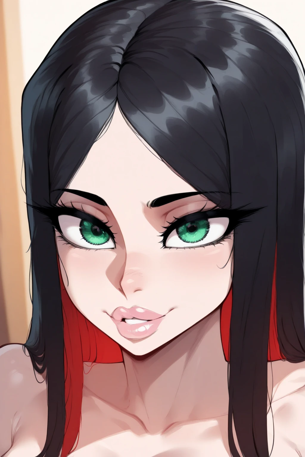 20 year old white woman laying on her bed at night in a black long tight ripped dress getting fucked , green eyes , black lips , fit with a six pack , medium tits, blonde and black hair , freckles , seductive smile, blushing ,