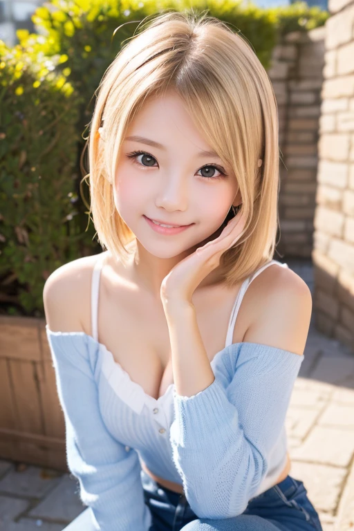 (best quality, 4K, 8k, highres, masterpiece:1.2), ultra-detailed, (realistic, photorealistic, photo-realistic:1.37), hyper detailed, extremely detailed, intricate details, sharp focus, physically-based rendering, professional, vivid colors, studio lighting、Japanese High School Girl、coy smile、Natural Makeup、((blond))、middlehair、Inward curl、White shirt、hot pants、Open shirt、Emphasize cleavage、side boob、under boob、flat breasts、thick lips、flat chest、pierce、necklace、bracelet
