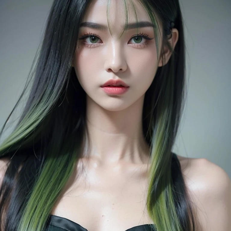 Rath 867, 1 Girl, Solitary, (forest green hair:1.2), Asymmetrical hairstyle, (Purple clothes:1.2) masterpiece, best quality, photoPractical, Practical, (original photo, 8K Ultra HD, Film Grain), Caustic lines, Subsurface scattering