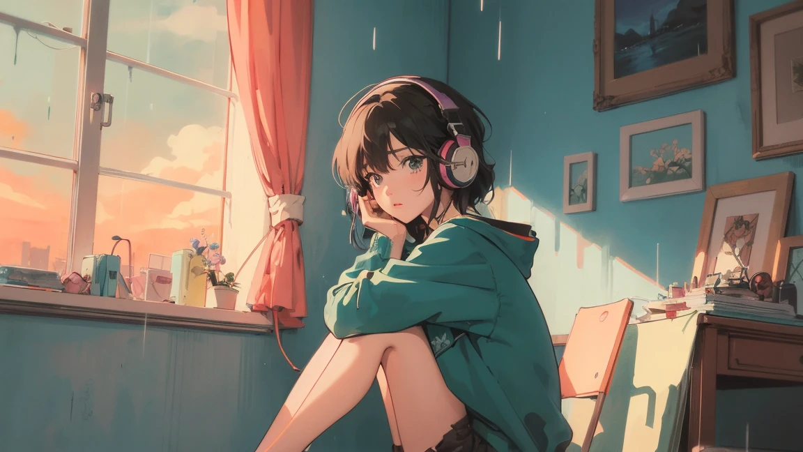 アニメ girl sitting on floor looking out window at city, アニメ aesthetic, アニメ vibes, lofi artstyle, Lo-fi portrait by the window, Watching the Sunset. アニメ, Lofty Girl, アニメ art wallpaper 4 k, アニメ art wallpaper 4k, アニメ art wallpaper 8 k, アニメ background art, Lofi Color, Lofi Art, アニメ asthetic,masterpiece, Highest quality, Rainbow Style, アニメ, Beautiful Asian Girl, Along the Hawaiian Coast, Cute and dreamy,アニメ,Illustrator,LOFI Girl, Blues,landscape,Sunset, night、Girl listening to music in a cozy room, Use headphones, 2D Style Anime, Rain outside the window、Analog Color Theme、Ghibli style,、Tokyo, night, I read a book