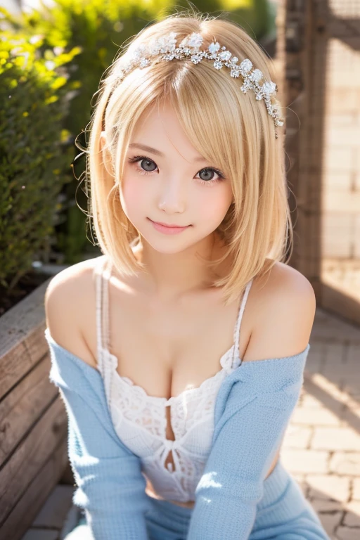 masutepiece, Best Quality, Illustration, Ultra-detailed, finely detail, hight resolution, 8K Wallpaper, Perfect dynamic composition, Beautiful detailed eyes,Off-the-shoulder clothing,,Medium Hair, C Cup Breast Natural Color Lip, Bold sexy poses,Smile,Harajuku、20 years girl、Cute、Sexy shot looking at camera,a blond、on the bed